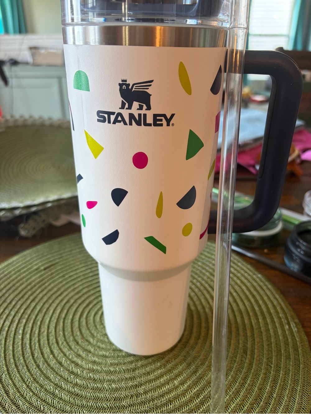 Stanley White Confetti-Pattern Travel Tumbler with Black Handle